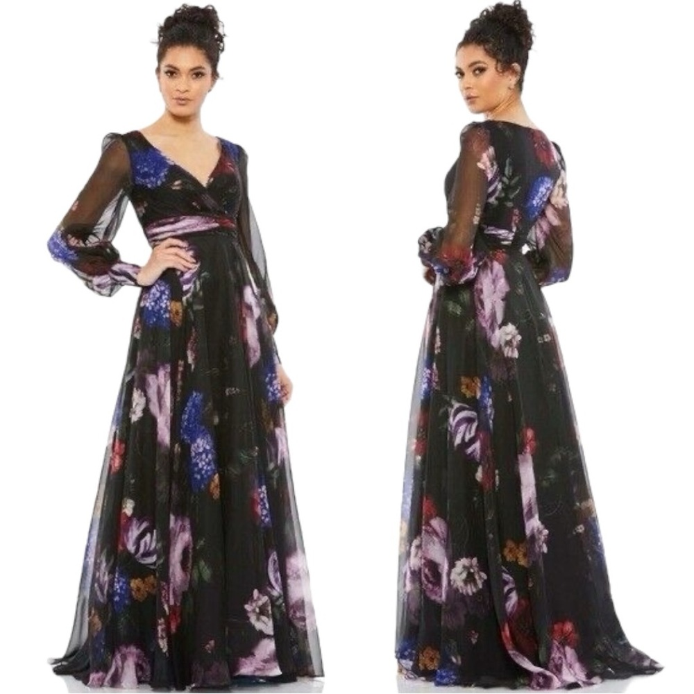 Mac Duggal 67872 Size 6 FLORAL PRINT CHIFFON LONG SLEEVE MAXI DRESS NWT